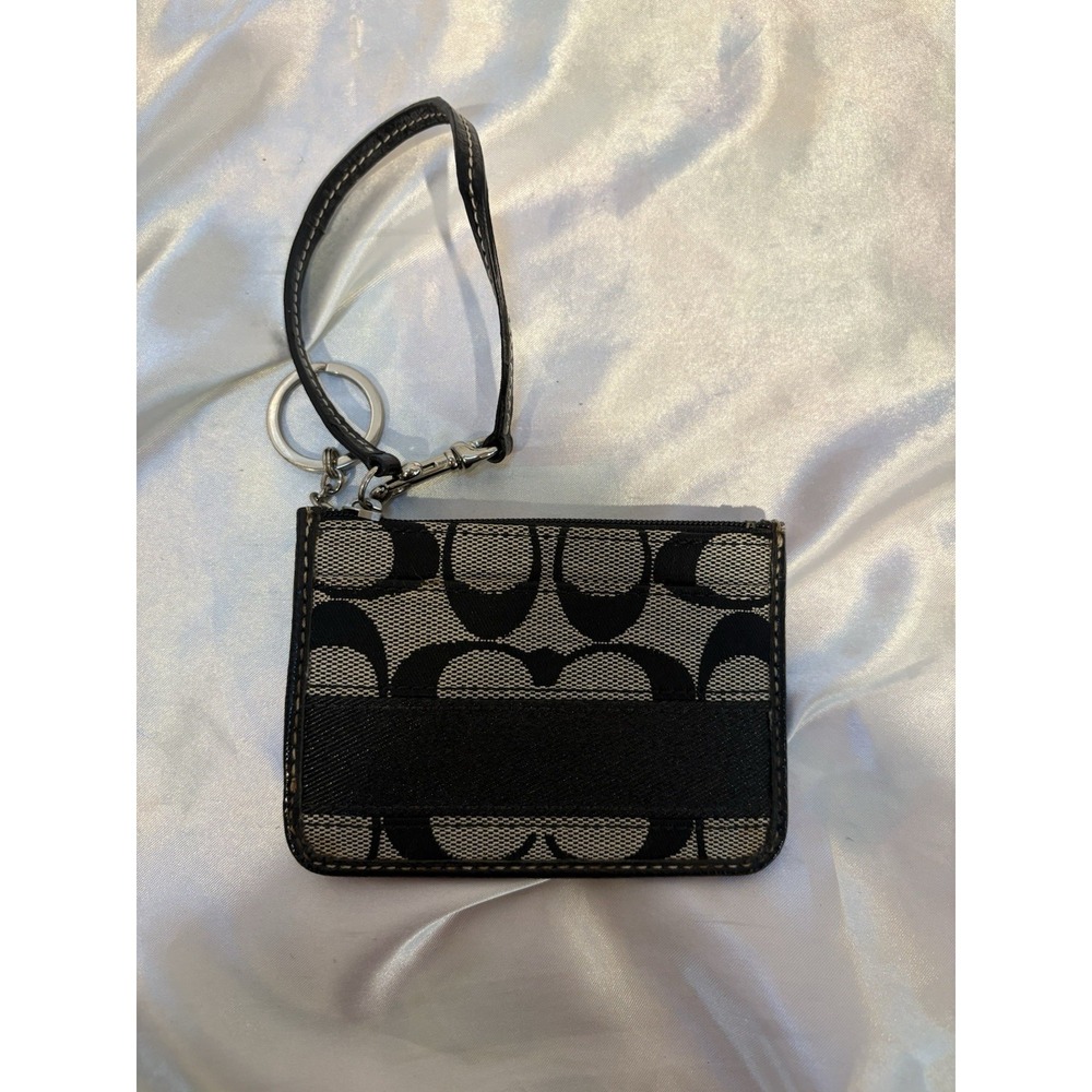 Vintage Coach Signature Stripe Black And Gray Wristlet w/ Keychain, Zipper Top
